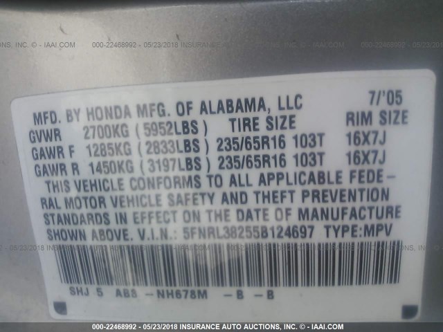 5FNRL38255B124697 - 2005 HONDA ODYSSEY LX SILVER photo 9