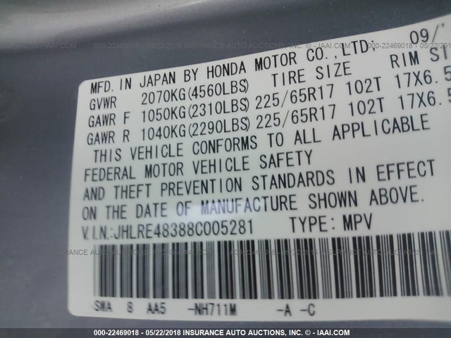 JHLRE48388C005281 - 2008 HONDA CR-V LX SILVER photo 9