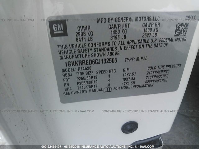 1GKKRRED6CJ132505 - 2012 GMC ACADIA SLT-1 Weiß Foto 9