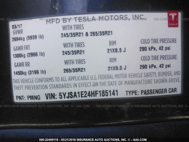 5YJSA1E24HF185141 - 2017 TESLA MODEL S Մոխրագույն լուսանկար 9