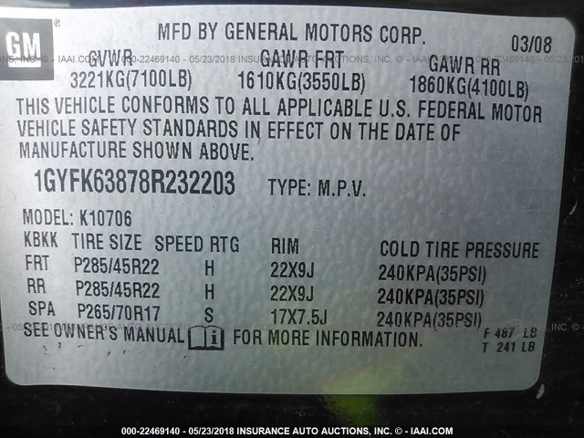 1GYFK63878R232203 - 2008 CADILLAC ESCALADE LUXURY შავი ფოტო 9