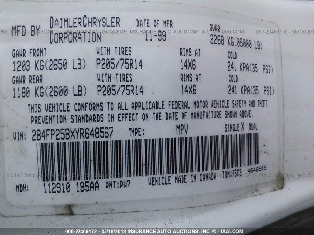 2B4FP25BXYR648567 - 2000 DODGE CARAVAN WHITE photo 9