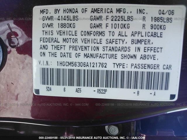 1HGCM56306A121762 - 2006 HONDA ACCORD SE 红色 照片 9