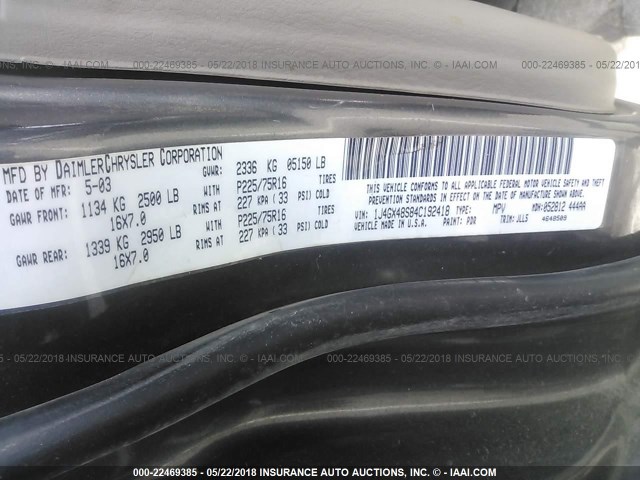 1J4GX48S84C192418 - 2004 JEEP GRAND CHEROKEE LAREDO/COLUMBIA/FREEDOM 灰色 照片 9