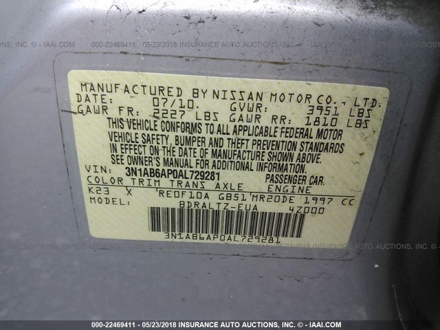 3N1AB6AP0AL729281 - 2010 NISSAN SENTRA 2.0/2.0S/SR/2.0SL SILVER photo 9