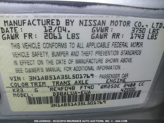 3N1AB51A35L501769 - 2005 NISSAN SENTRA SE-R SPEC V SILVER photo 9