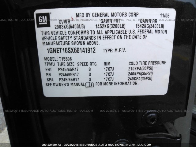 1GNET16SX66141912 - 2006 CHEVROLET TRAILBLAZER EXT LS/EXT LT GRAY photo 9