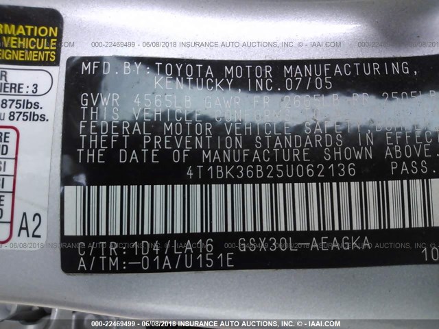 4T1BK36B25U062136 - 2005 TOYOTA AVALON XL/XLS/TOURING/LIMITED SILVER photo 9