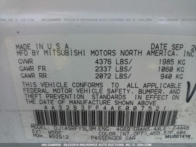 4A32B3FF4AE007521 - 2010 MITSUBISHI GALANT ES/SE WHITE photo 9