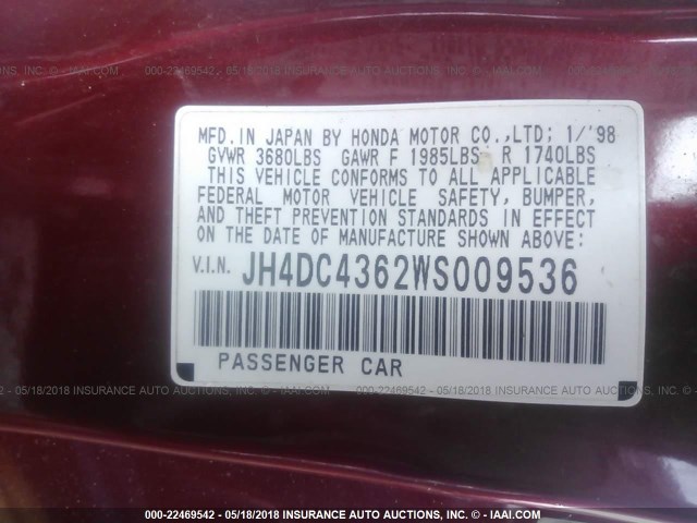 JH4DC4362WS009536 - 1998 ACURA INTEGRA GS RED photo 9