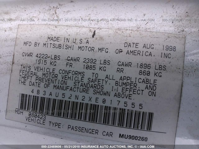 4B3AU52N2XE017555 - 1999 DODGE AVENGER ES WHITE photo 9