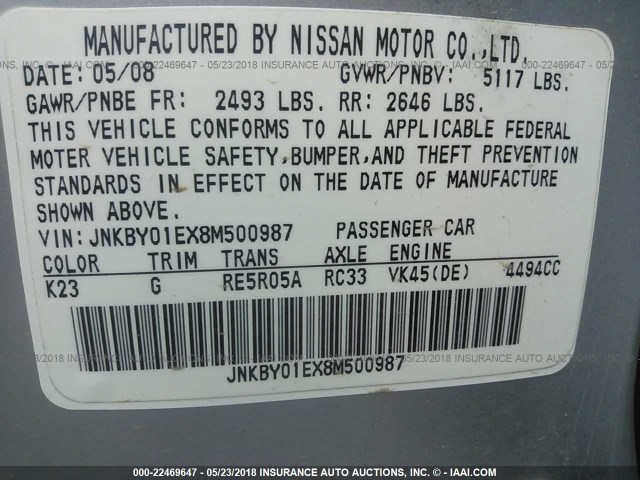 JNKBY01EX8M500987 - 2008 INFINITI M45 SPORT SILVER photo 9