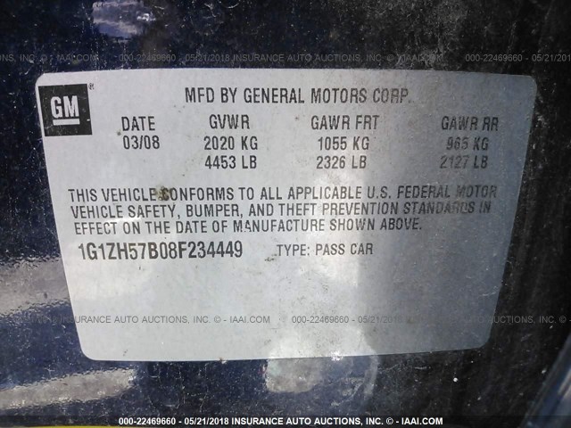 1G1ZH57B08F234449 - 2008 CHEVROLET MALIBU 1LT ლურჯი ფოტო 9