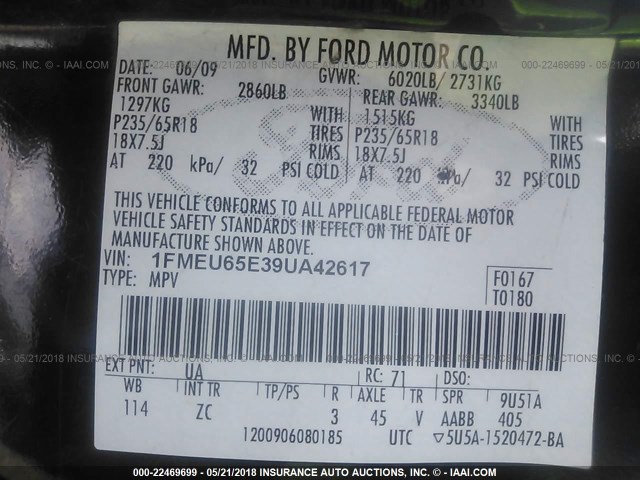 1FMEU65E39UA42617 - 2009 FORD EXPLORER LIMITED 黑色 照片 9