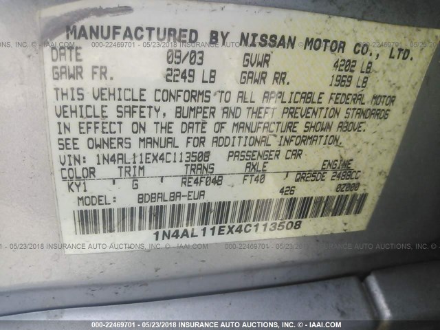 1N4AL11EX4C113508 - 2004 NISSAN ALTIMA S/SL SILVER photo 9