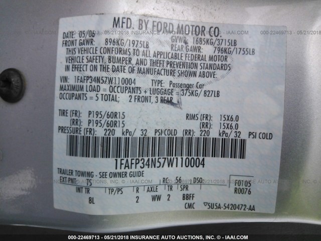 1FAFP34N57W110004 - 2007 FORD FOCUS ZX4/S/SE/SES 银色 照片 9