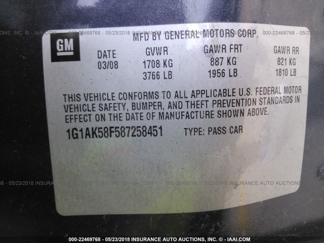 1G1AK58F587258451 - 2008 CHEVROLET COBALT LS GRAY photo 9