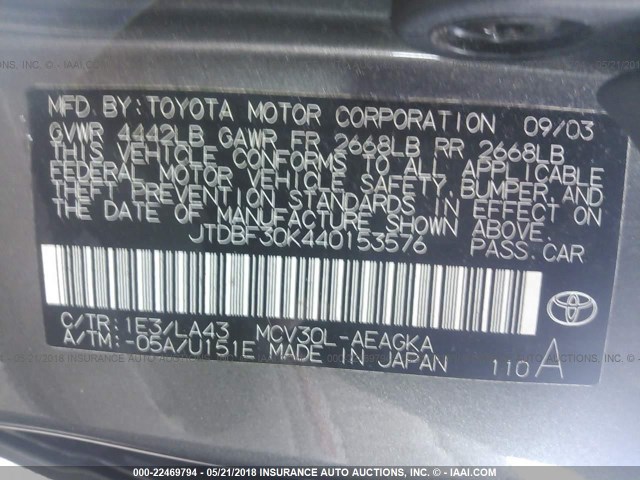 JTDBF30K440153576 - 2004 TOYOTA CAMRY LE/XLE GRAY photo 9