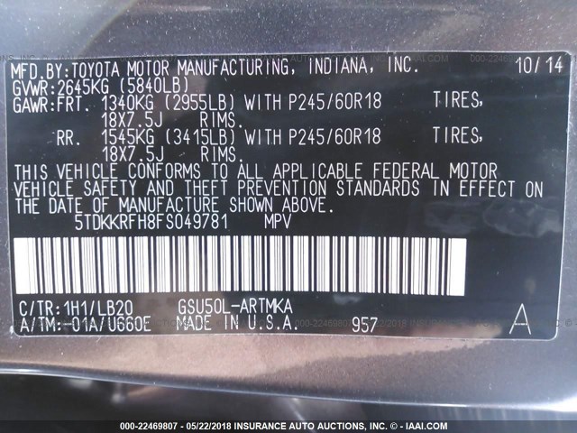 5TDKKRFH8FS049781 - 2015 TOYOTA HIGHLANDER XLE ნაცრისფერი ფოტო 9