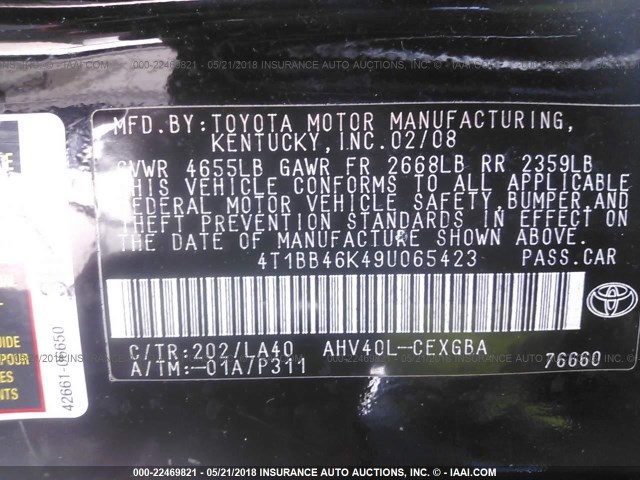 4T1BB46K49U065423 - 2009 TOYOTA CAMRY HYBRID BLACK photo 9