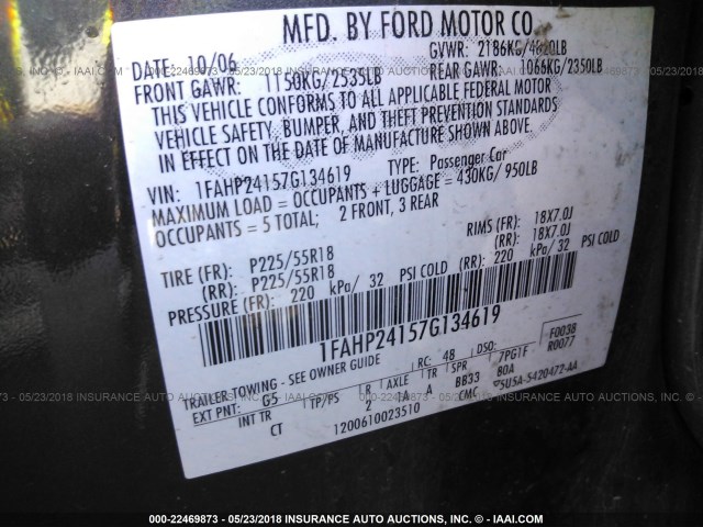 1FAHP24157G134619 - 2007 FORD FIVE HUNDRED SEL GRAY photo 9