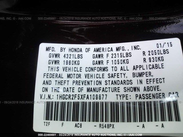 1HGCR2F5XFA109877 - 2015 HONDA ACCORD SPORT 栗色 照片 9