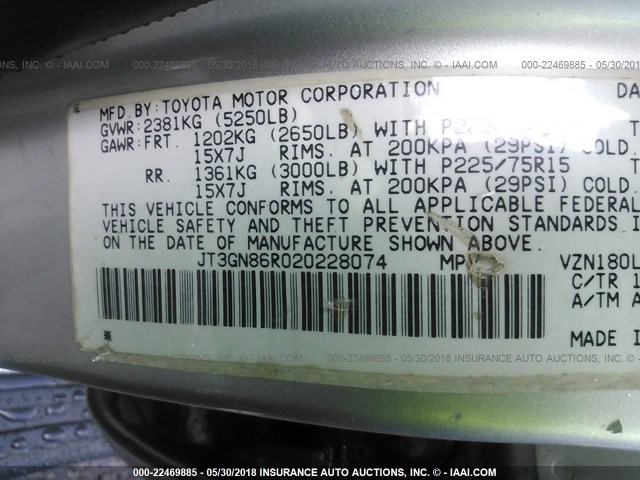 JT3GN86R020228074 - 2002 TOYOTA 4RUNNER SR5 SILVER photo 9