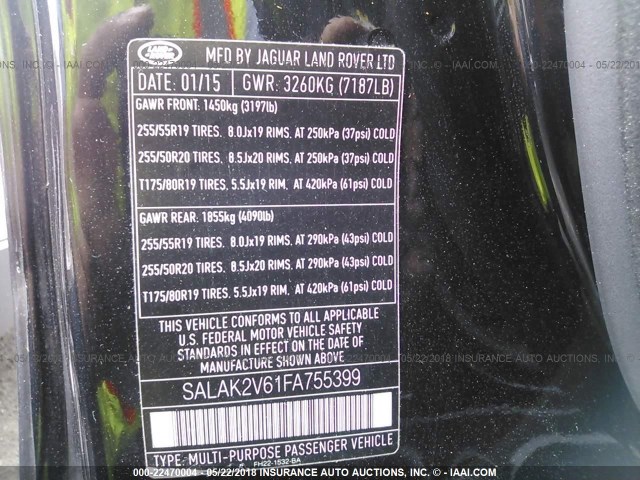 SALAK2V61FA755399 - 2015 LAND ROVER LR4 HSE LUXURY BLACK photo 9