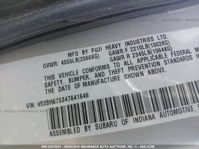 4S3BH675347641646 - 2004 SUBARU LEGACY OUTBACK AWP SILVER photo 9