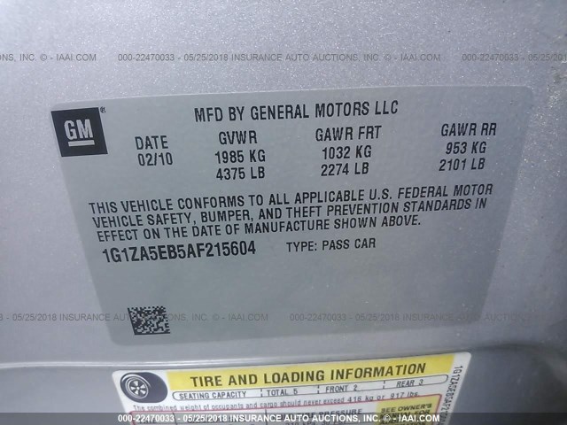 1G1ZA5EB5AF215604 - 2010 CHEVROLET MALIBU LS 银色 照片 9