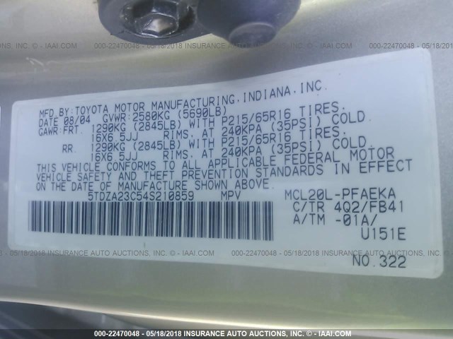 5TDZA23C54S210859 - 2004 TOYOTA SIENNA CE/LE GOLD photo 9