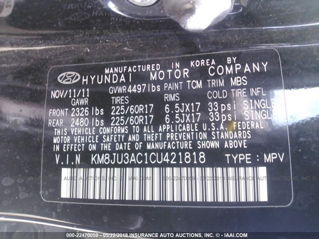 KM8JU3AC1CU421818 - 2012 HYUNDAI TUCSON GLS/LIMITED BLACK photo 9