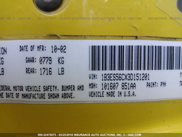 1B3ES56CX3D151201 - 2003 DODGE NEON SXT YELLOW photo 9