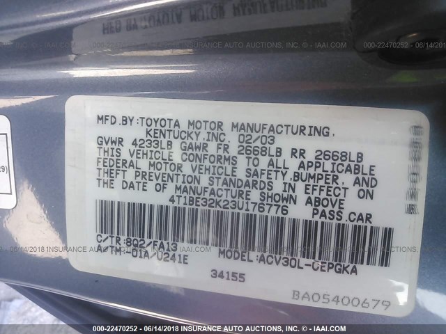 4T1BE32K23U176776 - 2003 TOYOTA CAMRY LE/XLE/SE ლურჯი ფოტო 9