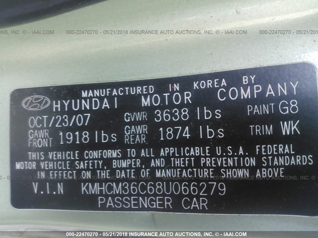 KMHCM36C68U066279 - 2008 HYUNDAI ACCENT GS GREEN photo 9