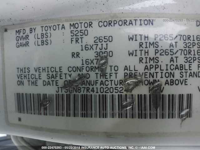 JT3GN87R410205247 - 2001 TOYOTA 4RUNNER LIMITED WHITE photo 9