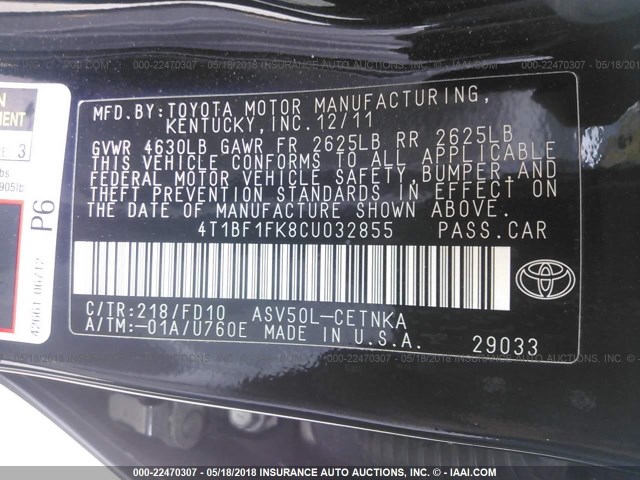 4T1BF1FK8CU032855 - 2012 TOYOTA CAMRY SE/LE/XLE 黑色 照片 9