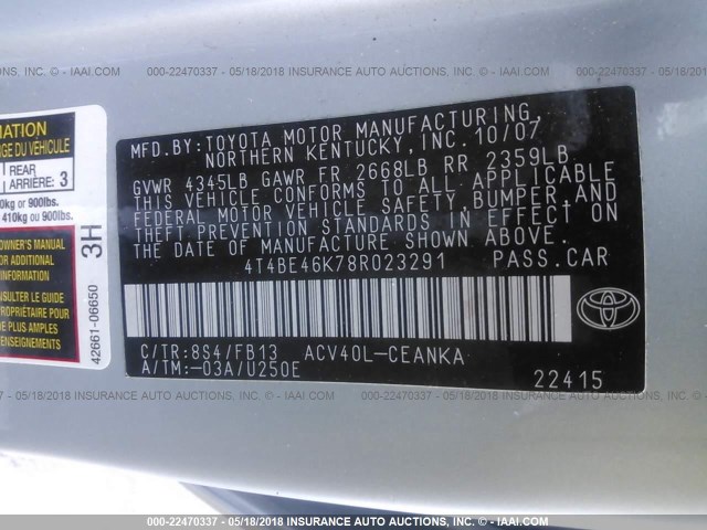 4T4BE46K78R023291 - 2008 TOYOTA CAMRY CE/LE/XLE/SE BLUE photo 9