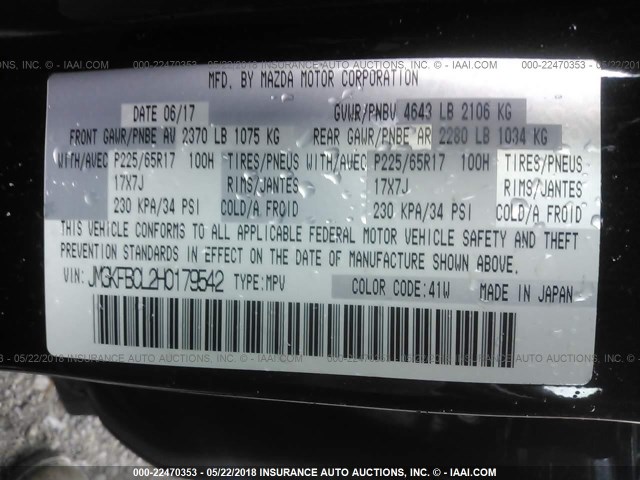 JM3KFBCL2H0179542 - 2017 MAZDA CX-5 TOURING Черный фото 9