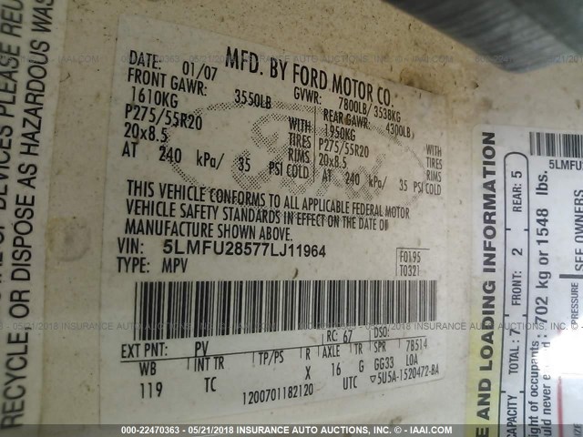 5LMFU28577LJ11964 - 2007 LINCOLN NAVIGATOR WHITE photo 9
