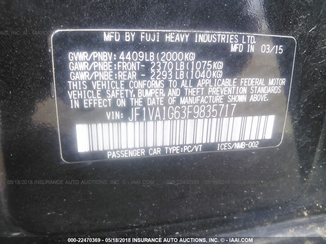 JF1VA1G63F9835717 - 2015 SUBARU WRX LIMITED BLACK photo 9