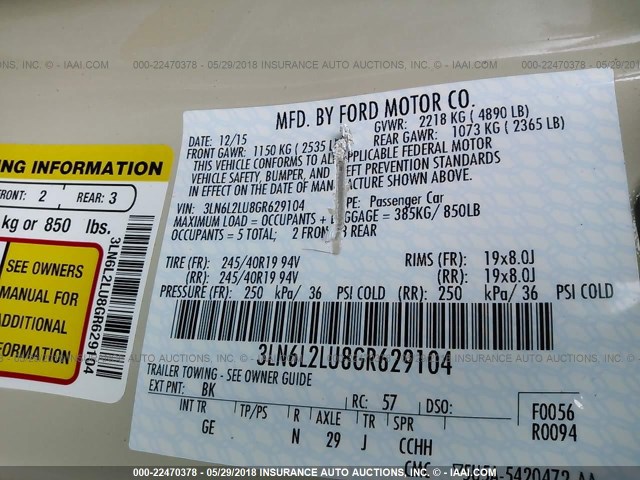 3LN6L2LU8GR629104 - 2016 LINCOLN MKZ HYBRID CREAM photo 9