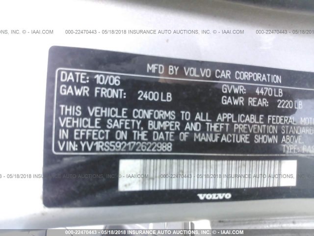 YV1RS592172622988 - 2007 VOLVO S60 2.5T SILVER photo 9