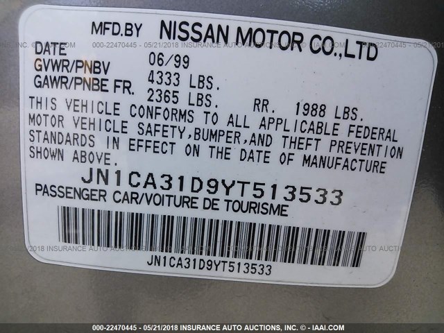 JN1CA31D9YT513533 - 2000 NISSAN MAXIMA GLE/GXE/SE GRAY photo 9