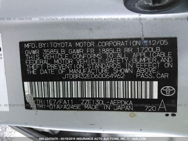 JTDBR32E060064962 - 2006 TOYOTA COROLLA CE/LE SILVER photo 9