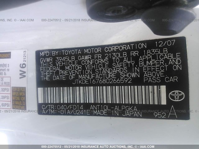 JTKDE167680266592 - 2008 TOYOTA SCION TC 白色 照片 9