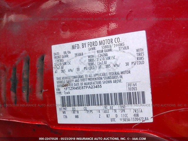 1FTZR45E87PA23455 - 2007 FORD RANGER SUPER CAB RED photo 9