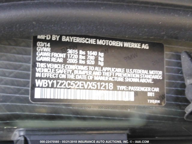 WBY1Z2C52EVX51218 - 2014 BMW I3 BEV GRAY photo 9