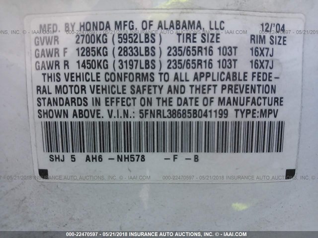 5FNRL38685B041199 - 2005 HONDA ODYSSEY EXL WHITE photo 9