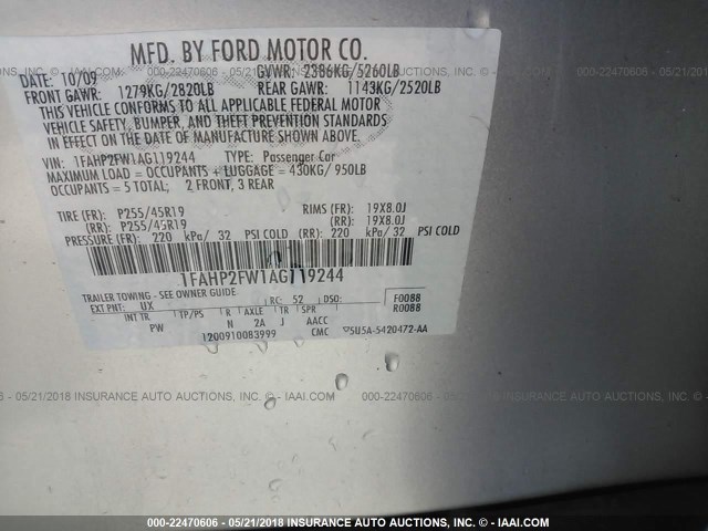 1FAHP2FW1AG119244 - 2010 FORD TAURUS LIMITED SILVER photo 9